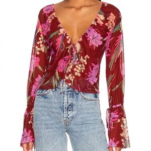 NWT Free People Sheer Floral Print Of Paradise bell sleeve tropical Top fairy